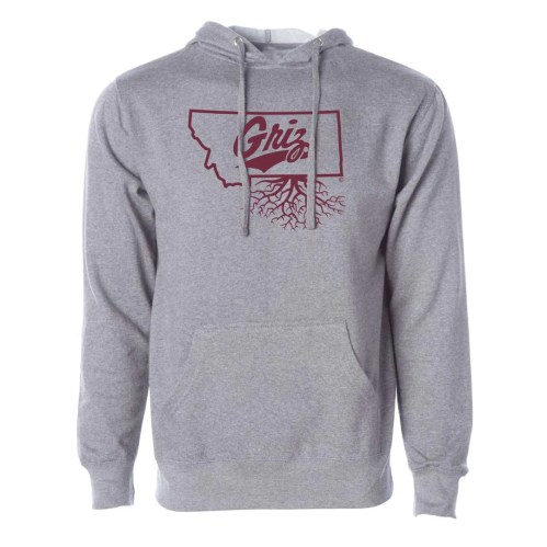 Gray hoodie featuring a graphic of the state of Montana with "Griz" and roots design.
