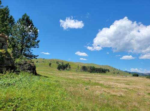A sunny landscape featuring green hills, scattered trees, and a blue sky with fluffy white clouds.