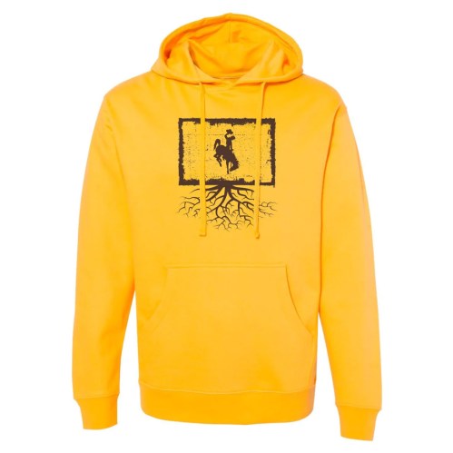 Yellow hoodie featuring a graphic of a cowboy on a horse with roots below.