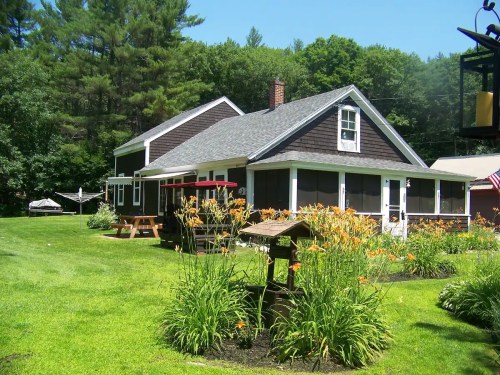 A charming house surrounded by lush greenery and vibrant orange flowers on a sunny day.