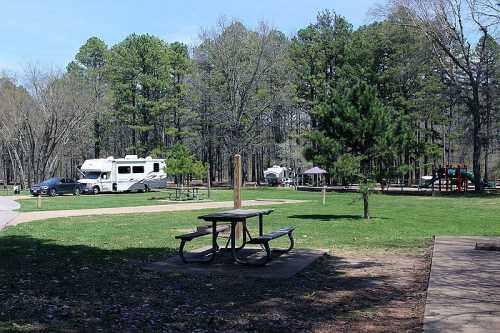 A picnic table in a grassy area with RVs and a playground in the background, surrounded by trees.