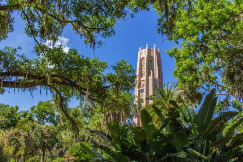 A tall tower surrounded by lush greenery and trees under a clear blue sky.
