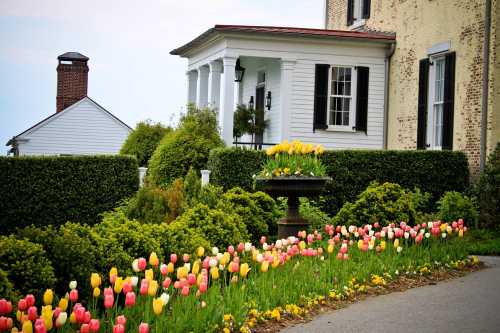 A charming house with white columns, surrounded by lush greenery and a colorful tulip garden in bloom.