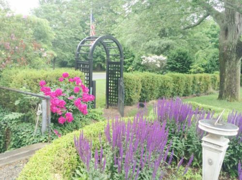 A garden scene featuring purple flowers, pink blooms, and a decorative archway with a flag in the background.