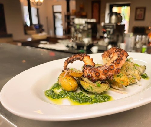 Grilled octopus tentacle served with potatoes and a green sauce on a white plate, set in a restaurant.