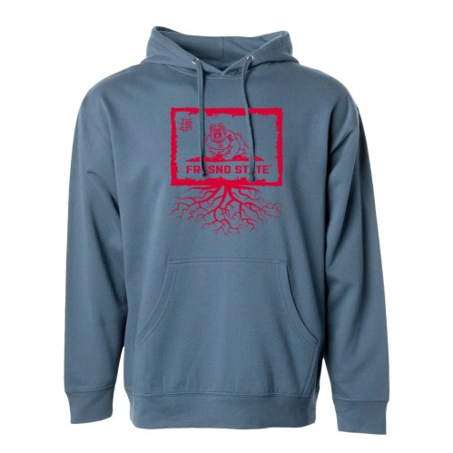 Blue hoodie featuring a graphic of a bear and the text "Fresno State" with red roots design.