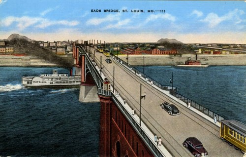 Colorful vintage postcard of Eads Bridge in St. Louis, featuring cars, a boat, and a scenic river view.
