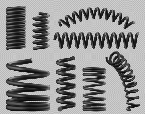 Various black springs in different shapes and orientations on a transparent background.