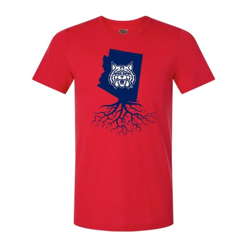 Red t-shirt featuring a blue graphic of a state outline with a stylized wolf head and roots design.