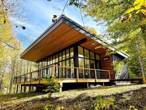 Modern cabin with large windows, surrounded by trees and autumn foliage, featuring a spacious deck.