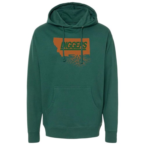 Green hoodie featuring the word "DIGGERS" and a graphic of roots, representing Montana.