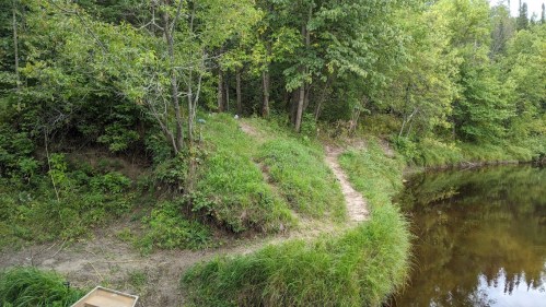 A serene riverbank scene with lush greenery, a winding path, and calm water reflecting the surrounding trees.