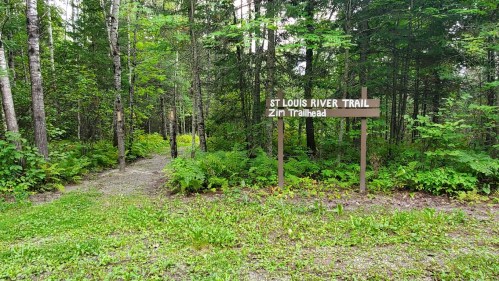 Trail sign for St. Louis River Trail at Zin Trailhead, surrounded by lush greenery and trees.