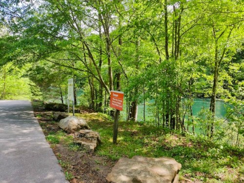 A scenic path beside a river, surrounded by lush green trees and a sign warning of potential hazards.
