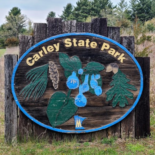 Wooden sign for Carley State Park featuring blue flowers and leaves, surrounded by trees in the background.