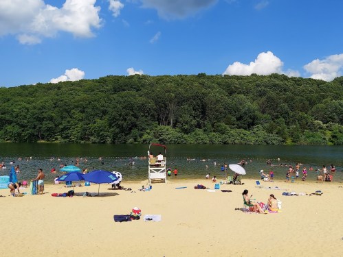 A sandy beach with people sunbathing, swimming, and umbrellas, surrounded by green trees and a calm lake under a blue sky.
