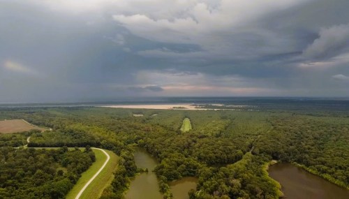 Aerial view of lush green forests, winding rivers, and a stormy sky over a landscape with a sandy area in the distance.