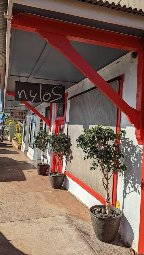 A storefront with a sign reading "nyloS" and potted plants on either side, featuring red accents and a sunny sidewalk.