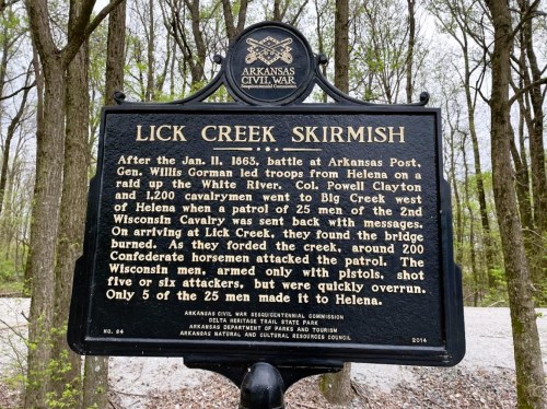 Historical marker detailing the Lick Creek Skirmish during the Civil War, highlighting troop movements and events.