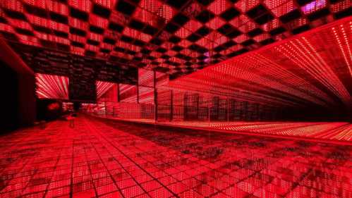 A futuristic space with red lights and a grid pattern, creating a dynamic, immersive environment.