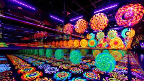 A vibrant, colorful room with swirling patterns and neon lights reflecting on a shiny surface.