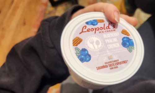 A hand holding a container of Leopold's Blueberry Praline Crunch ice cream, featuring blueberries and praline on the label.
