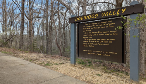 Sign for Dogwood Valley, surrounded by trees, with a path leading alongside it in a natural setting.