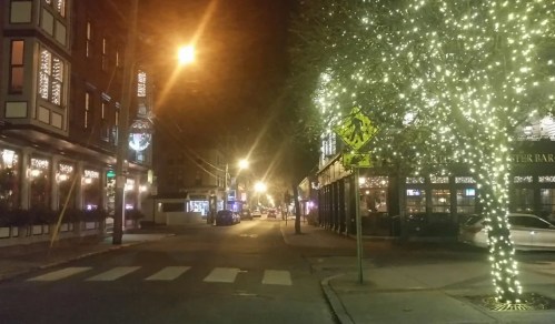 A quiet street at night, illuminated by streetlights and festive lights on trees, with a crosswalk visible.
