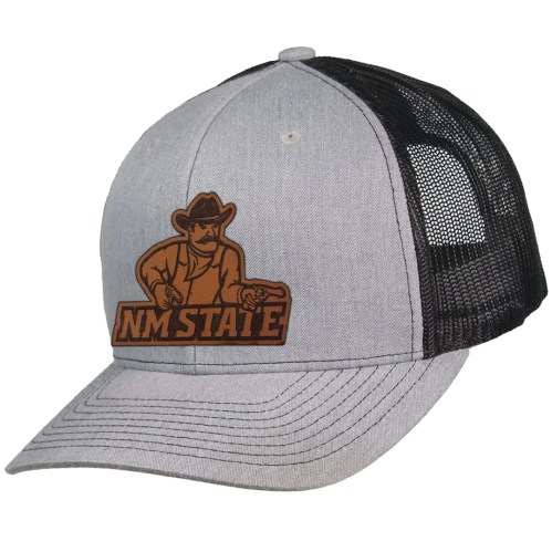 Gray and black trucker hat featuring a brown NM State logo with a cowboy graphic.