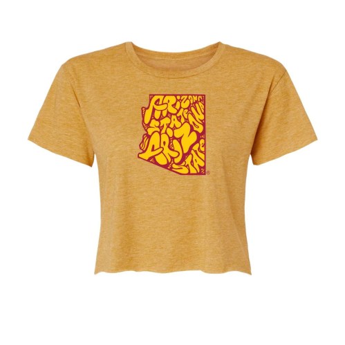 Yellow cropped t-shirt featuring a graphic of the Arizona state outline with colorful text inside.