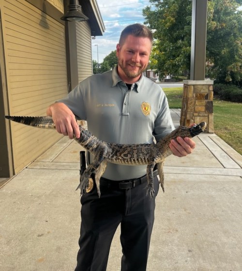 A man in a gray shirt holds a small alligator outside a building, smiling at the camera.