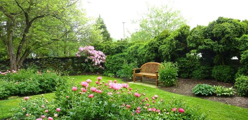 A serene garden with blooming pink flowers, lush greenery, and a wooden bench surrounded by trees.