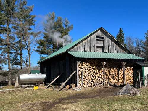 A rustic wooden barn with a green roof, stacked firewood, and smoke rising from the chimney against a clear blue sky.