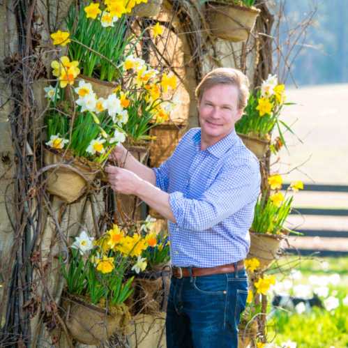 A man in a blue checkered shirt stands beside a tree adorned with blooming daffodils in a sunny outdoor setting.