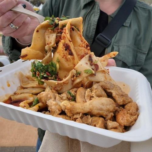 A person holding a takeout container filled with spicy noodles and chicken, garnished with herbs and spices.