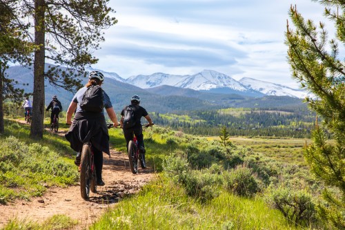 A group of mountain bikers riding on a trail with snow-capped mountains and lush greenery in the background.