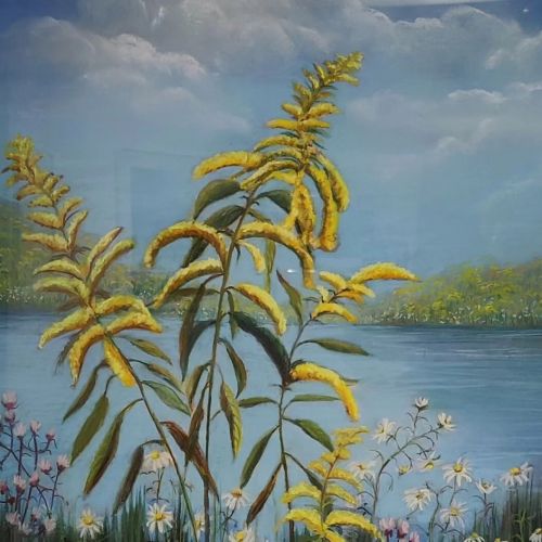 A serene landscape featuring tall yellow flowers by a calm lake, with soft clouds and greenery in the background.
