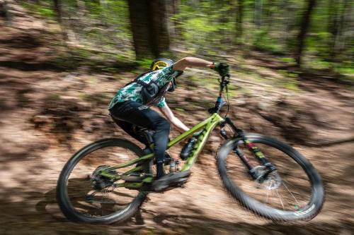A mountain biker leans into a turn on a forest trail, showcasing speed and agility amidst lush greenery.