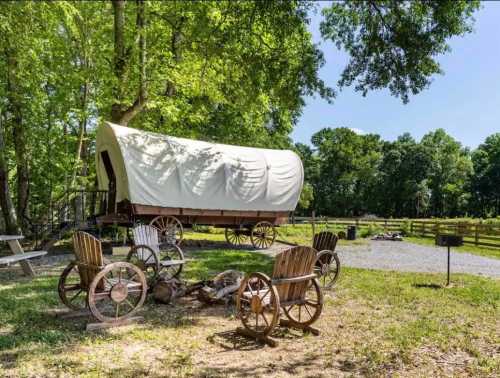 A covered wagon sits in a grassy area surrounded by wooden chairs and trees, with a fire pit nearby.