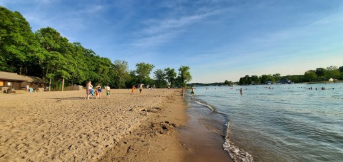 A sandy beach with people enjoying the water and trees in the background under a clear blue sky.