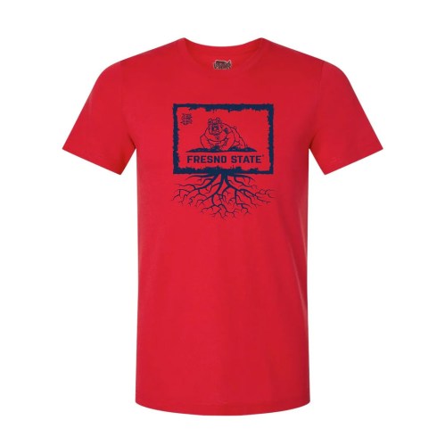 Red t-shirt featuring a graphic of a bulldog and the text "Fresno State" with roots design.