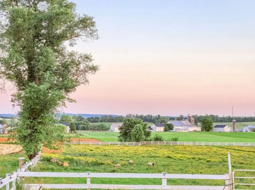 A serene farm landscape with green fields, a tree, and a pastel sky at dusk, featuring sheep grazing in the foreground.