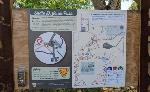 Signboard for Eddie D. Jones Park, detailing park hours, map, safety information, and visitor guidelines.