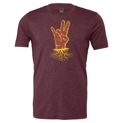 A maroon t-shirt featuring a yellow graphic of a hand making a peace sign with roots growing from the bottom.