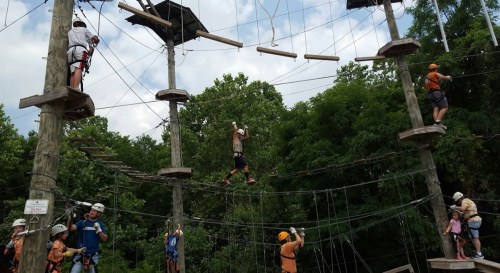 A group of people navigate a high ropes course with wooden platforms and ropes, surrounded by trees and blue skies.