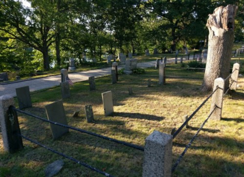 A peaceful cemetery scene with weathered gravestones surrounded by trees and a wooden post, marked by a flag.