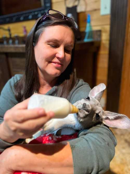 A woman gently feeds a baby animal from a bottle while holding it in her arms, smiling affectionately.