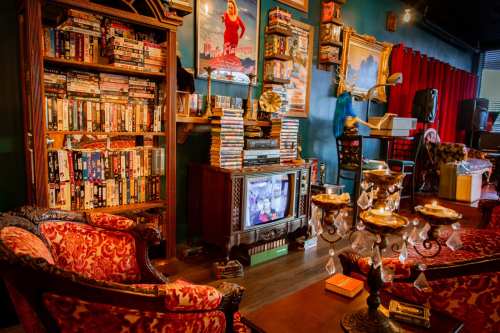 Cozy vintage living room with a bookshelf, retro TV, and ornate furniture, featuring a warm, inviting atmosphere.