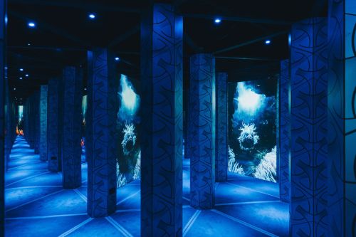 A dimly lit corridor with blue lighting, featuring tall patterned pillars and illuminated underwater-themed images on the walls.