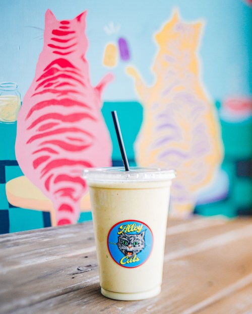 A smoothie in a cup with a cat logo, set against a colorful mural of two cats on a wall.